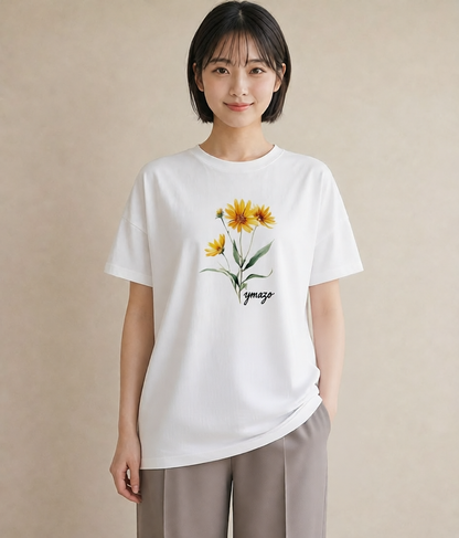 プリントTシャツ レディース ひまわり 向日葵 花 花柄 イラスト 普段使い 休日 ペアコーデ 白T YMAZO