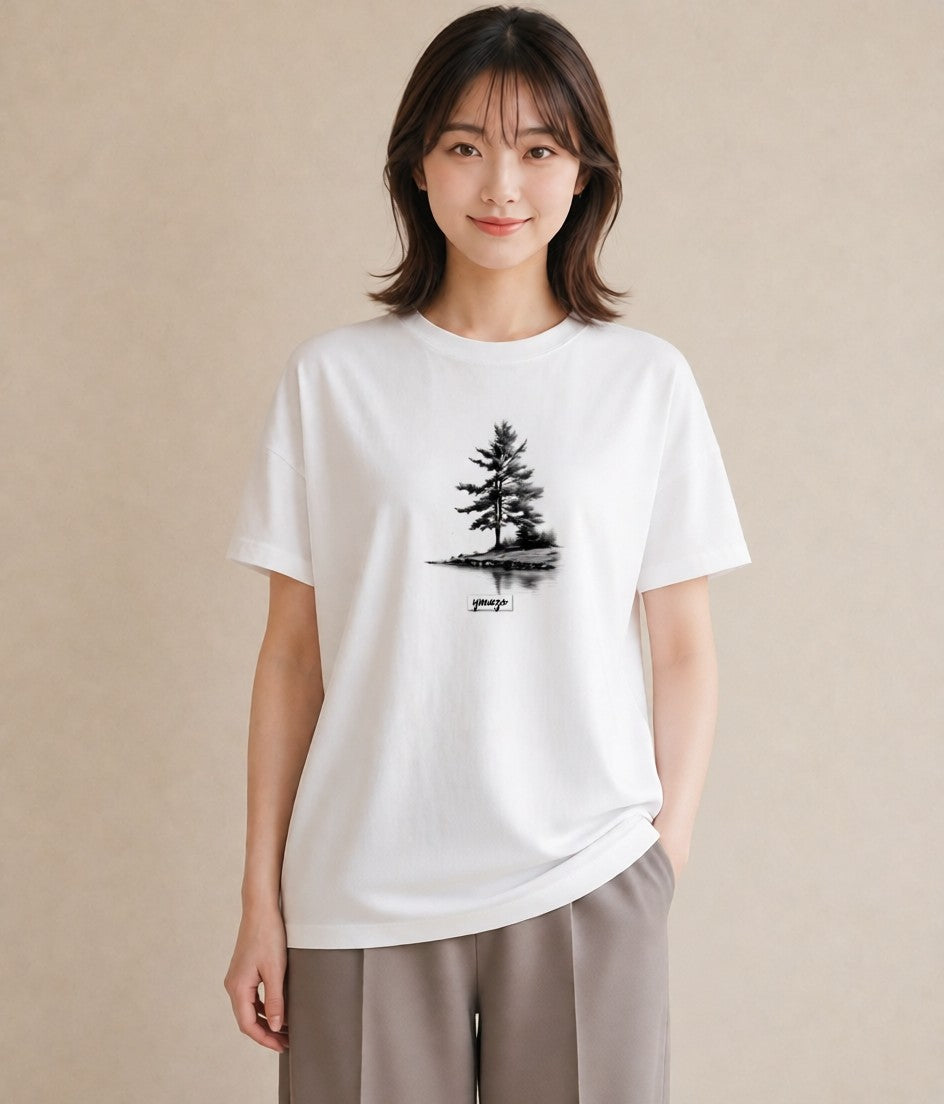 Tシャツ レディース 青の水彩 風景 ブルー ナチュラル アンティーク イラスト 抜け感 春服 ミセス 白T YMAZO