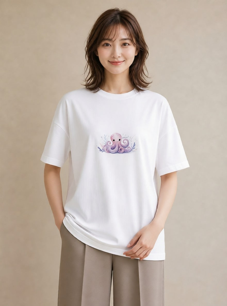 Tシャツ レディース タコ 海の生き物 海 イラスト ニュアンス 週末コーデ 敬老の日 白T YMAZO