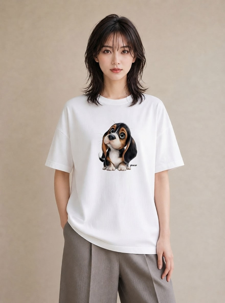 半袖Tシャツ レディース ビーグル 犬 いぬ イラスト 旅行コーデ 通勤 在宅 白T YMAZO