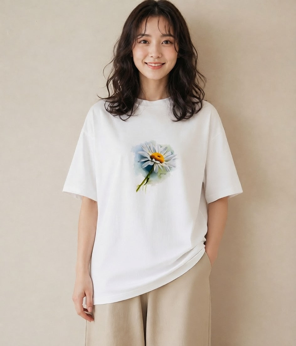 半袖Tシャツ レディース マーガレット 花 花柄 イラスト 水彩風 お出かけ 普段着 白T YMAZO