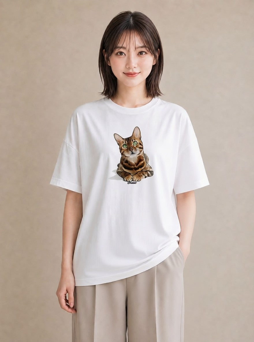 Tシャツ レディース しっぽ 猫 ねこ イラスト アート風 カフェ巡り 女子会 白T YMAZO