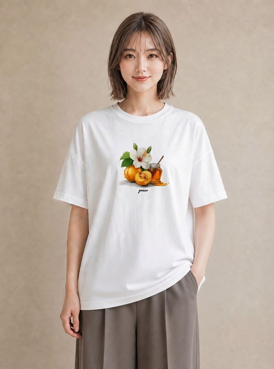 プリントTシャツ レディース はちみつ 食べ物 フード イラスト 線画 夏コーデ 通学 白T YMAZO