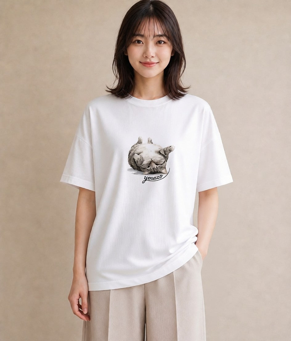 半袖Tシャツ レディース おすわり猫 猫 ねこ イラスト ゆるコーデ 送別ギフト 通勤 白T YMAZO