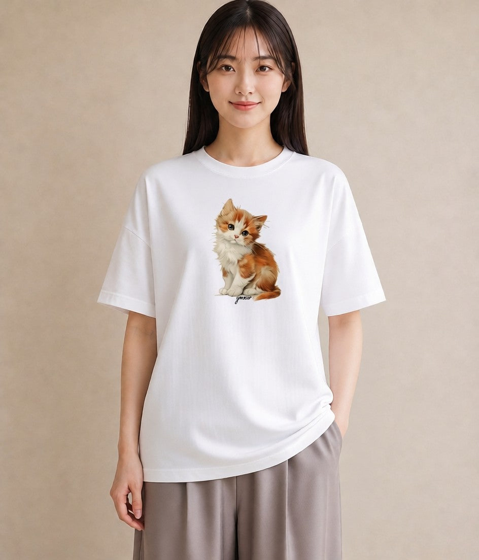 半袖Tシャツ レディース 茶トラ 茶猫 猫 ねこ イラスト モード 普段着 週末コーデ 白T YMAZO
