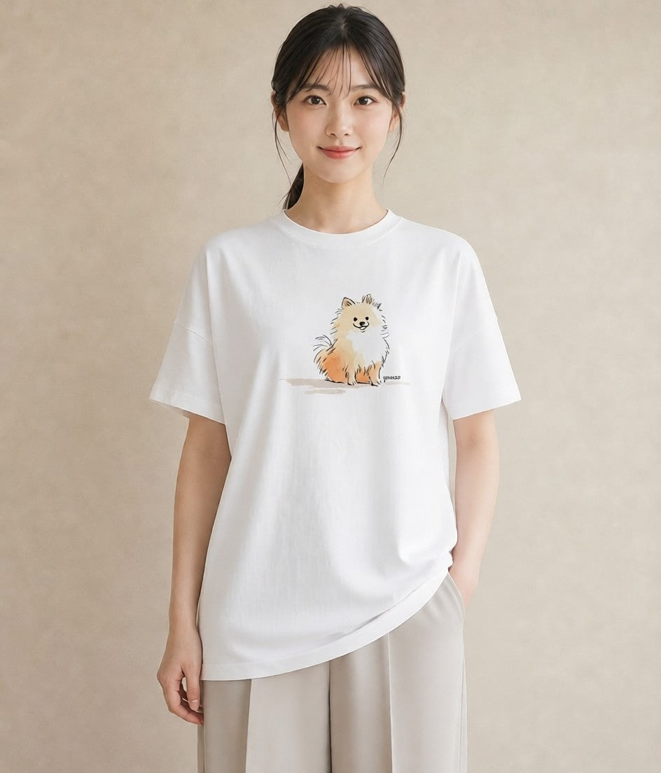 グラフィックTシャツ レディース ポメラニアン ポメ 犬 いぬ イラスト 水彩風 母の日 ビーチ 白T YMAZO