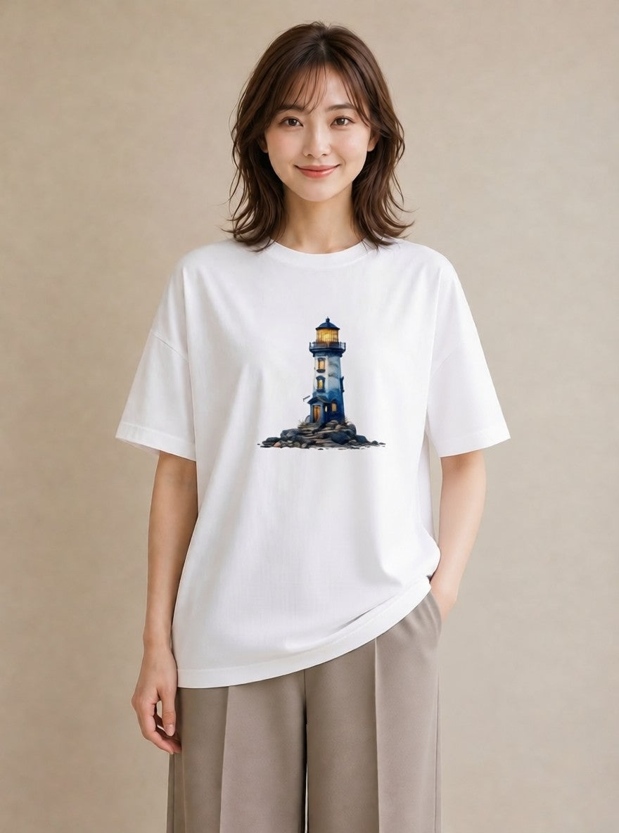 Tシャツ レディース 灯台 霧 海 ナチュラル アンティーク イラスト きれいめ カフェ巡り 女子会 白T YMAZO