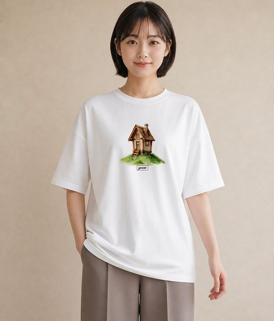 半袖Tシャツ レディース 灯りの家 小屋 夜 ナチュラル アンティーク イラスト ニュアンス 母の日 ビーチ 白T YMAZO