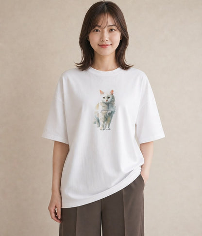 半袖Tシャツ レディース アメリカンショートヘア 猫 ねこ イラスト きれいめ おしゃれギフト 社会人 白T YMAZO