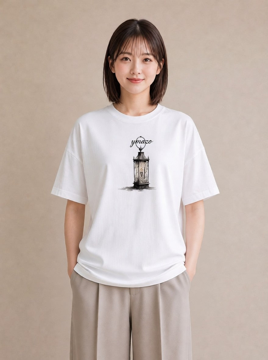 プリントTシャツ レディース 街灯 夜霧 夜 ナチュラル アンティーク イラスト ニュアンス 女性 旅行用 白T YMAZO