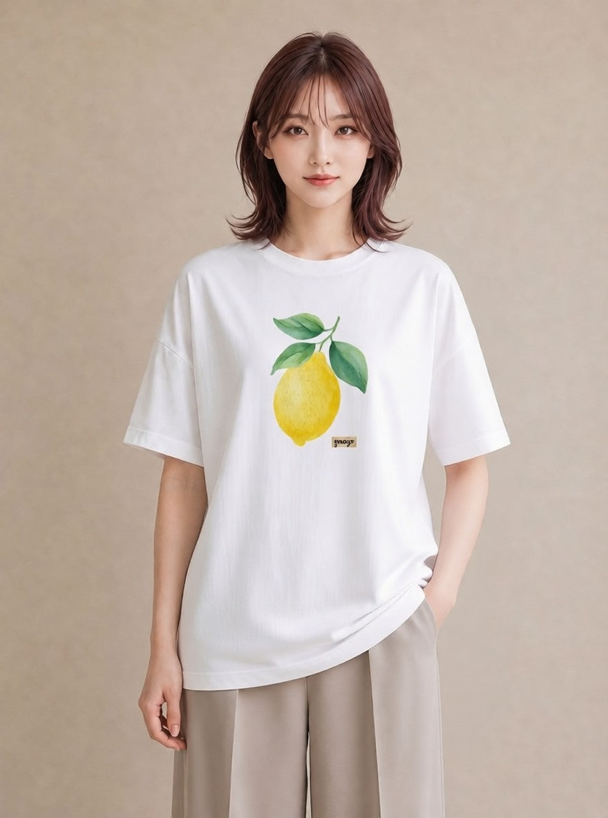 Tシャツ レディース レモン 檸檬 食べ物 フード イラスト アート風 デイリーウェア 休日 白T YMAZO