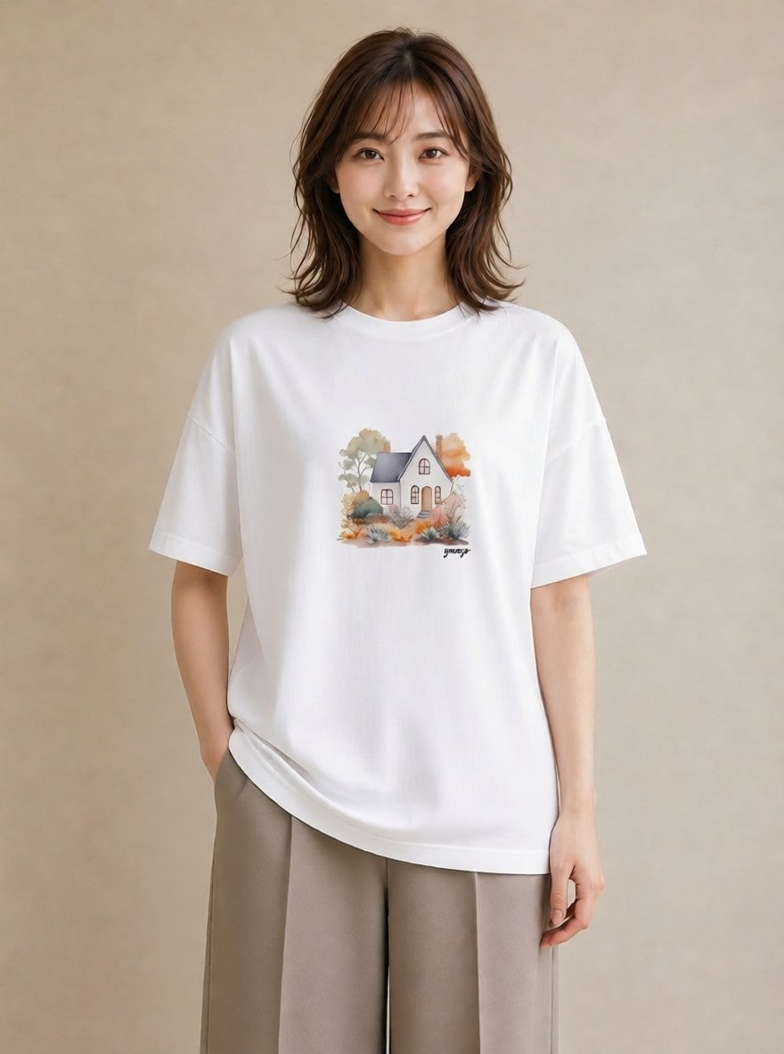 Tシャツ レディース 湖畔の小屋 湖 小屋 ナチュラル アンティーク イラスト アート風 公園 ママ 白T YMAZO