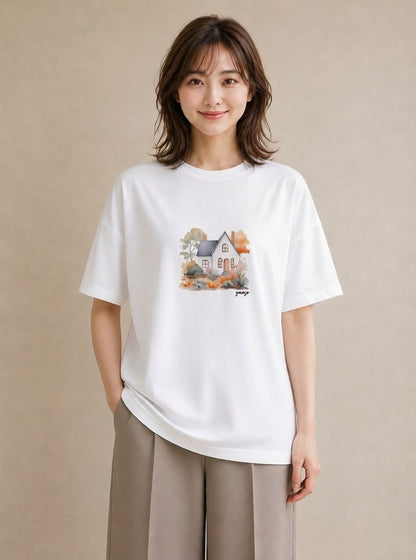 Tシャツ レディース 湖畔の小屋 湖 小屋 ナチュラル アンティーク イラスト アート風 公園 ママ 白T YMAZO