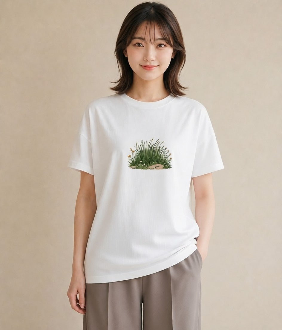 デザインTシャツ レディース 芝生 植物 ボタニカル イラスト カフェ巡り 女子会 白T YMAZO