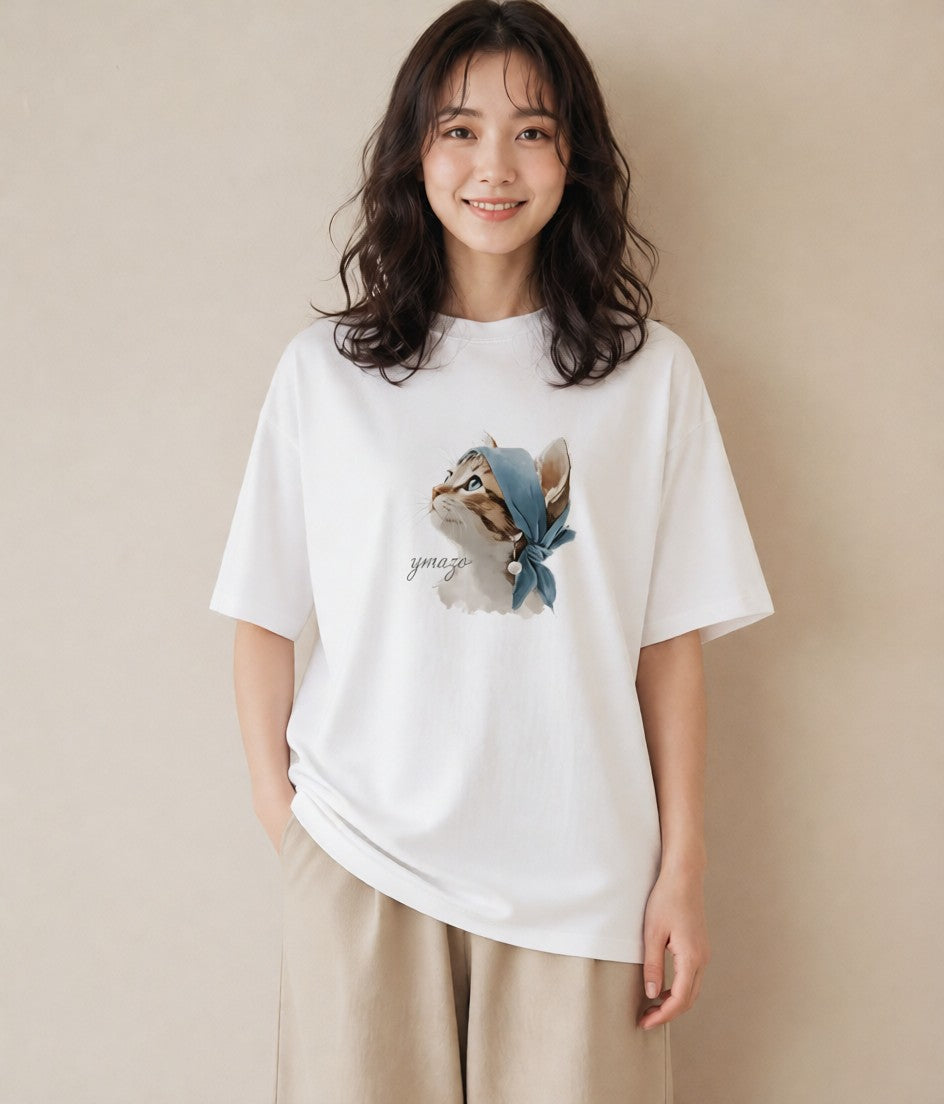 プリントTシャツ レディース アビシニアン 猫 ねこ イラスト アート風 ミセス 春コーデ 白T YMAZO