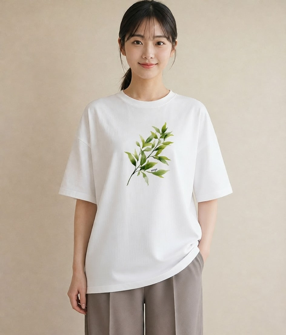 半袖Tシャツ レディース 新緑 植物 ボタニカル イラスト 上品 ペアコーデ 秋コーデ 白T YMAZO