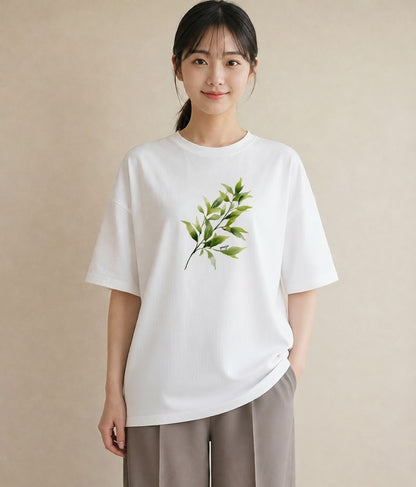 半袖Tシャツ レディース 新緑 植物 ボタニカル イラスト 上品 ペアコーデ 秋コーデ 白T YMAZO