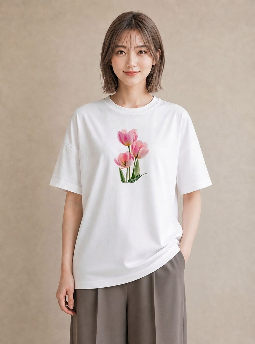 半袖Tシャツ レディース チューリップ 花 花柄 イラスト こなれ感 クリスマス 旅行 白T YMAZO