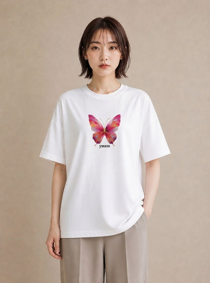 デザインTシャツ レディース ちょうちょ 蝶 バタフライ 昆虫 虫 イラスト 北欧風 お出かけ 普段着 白T YMAZO