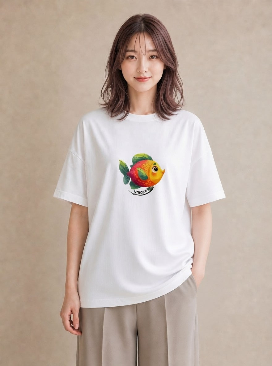 Tシャツ レディース メダカ ペット 動物 イラスト 線画 買い物 夏コーデ 白T YMAZO
