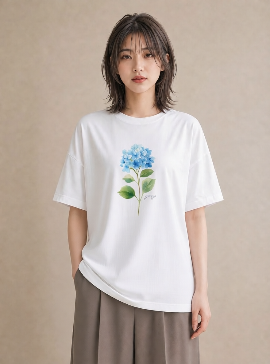 Tシャツ レディース あじさい 紫陽花 アジサイ 花 花柄 イラスト ヴィンテージ風 カフェ巡り 女子会 白T YMAZO