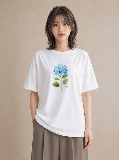 Tシャツ レディース あじさい 紫陽花 アジサイ 花 花柄 イラスト ヴィンテージ風 カフェ巡り 女子会 白T YMAZO
