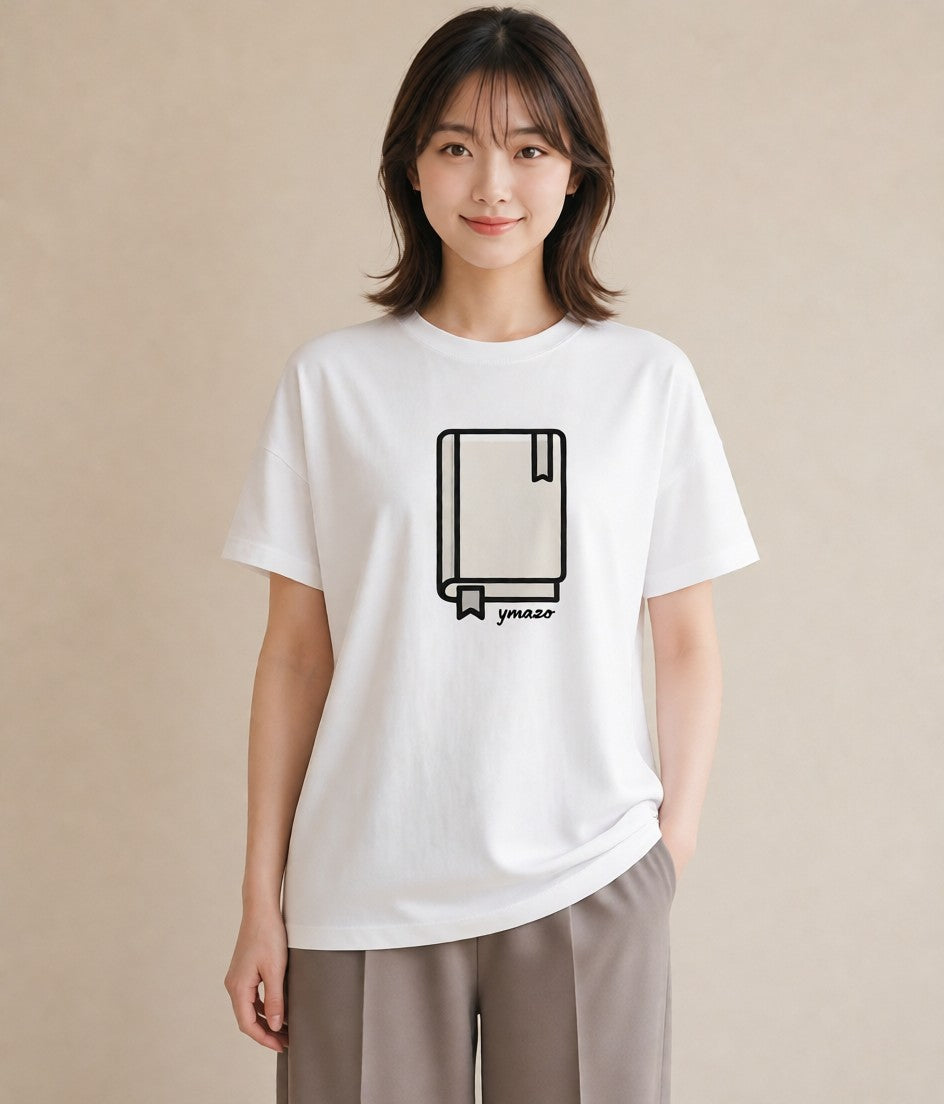 Tシャツ レディース 本 読書 ブック イラスト 線画 カフェ巡り 女子会 白T YMAZO