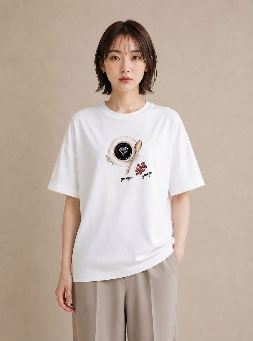 グラフィックTシャツ レディース カフェオレ 食べ物 フード イラスト こなれ感 友達ギフト 部屋着 白T YMAZO