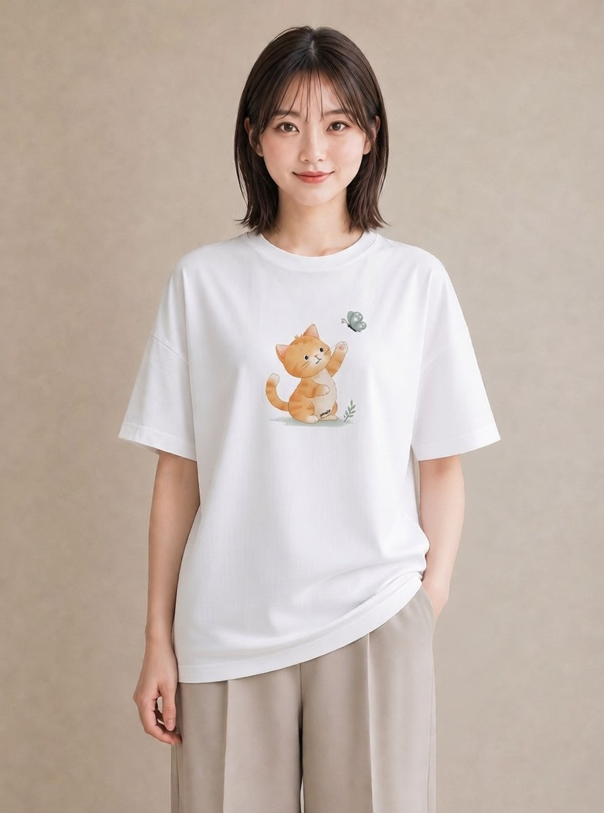 プリントTシャツ レディース 茶トラ 茶猫 猫 ねこ イラスト ラフカジュアル 友達ギフト 部屋着 白T YMAZO