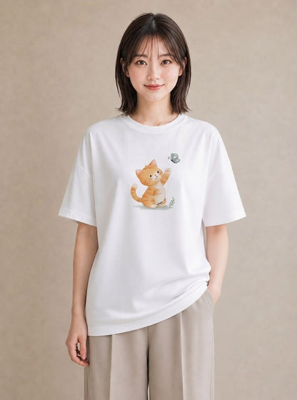 プリントTシャツ レディース 茶トラ 茶猫 猫 ねこ イラスト ラフカジュアル 友達ギフト 部屋着 白T YMAZO