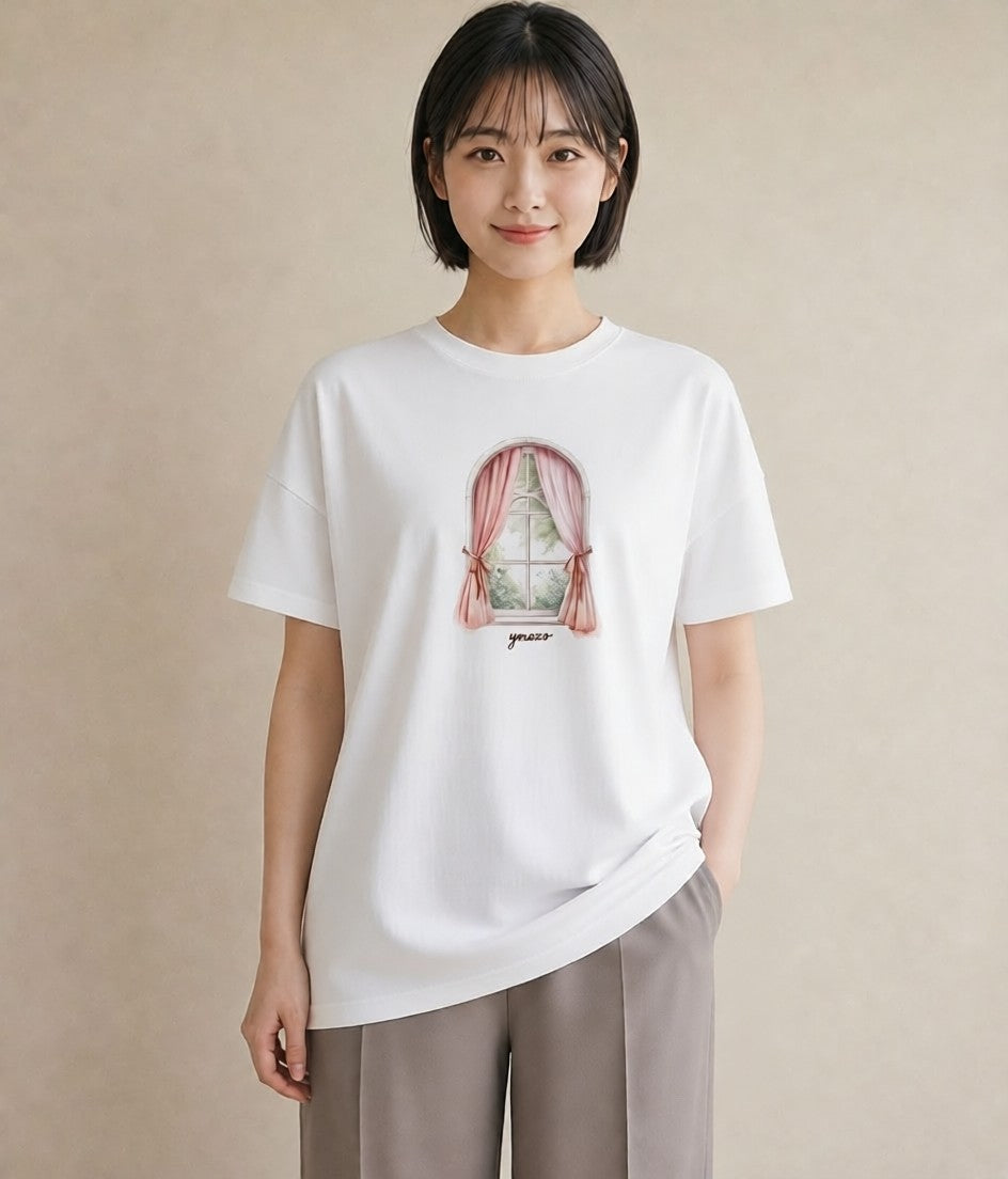 プリントTシャツ レディース 夕暮れ バルコニー 夕焼け ナチュラル アンティーク イラスト 休日コーデ 帰省 ラフ 白T YMAZO