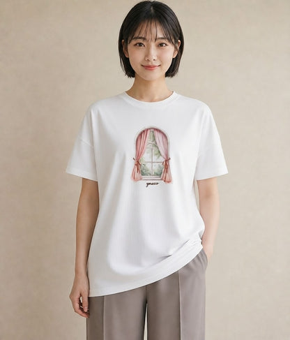 プリントTシャツ レディース 夕暮れ バルコニー 夕焼け ナチュラル アンティーク イラスト 休日コーデ 帰省 ラフ 白T YMAZO