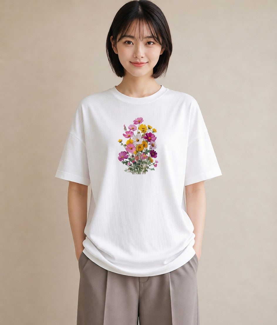 半袖Tシャツ レディース コスモス 秋桜 花 花柄 イラスト ゆるかわ お出かけ 普段着 白T YMAZO