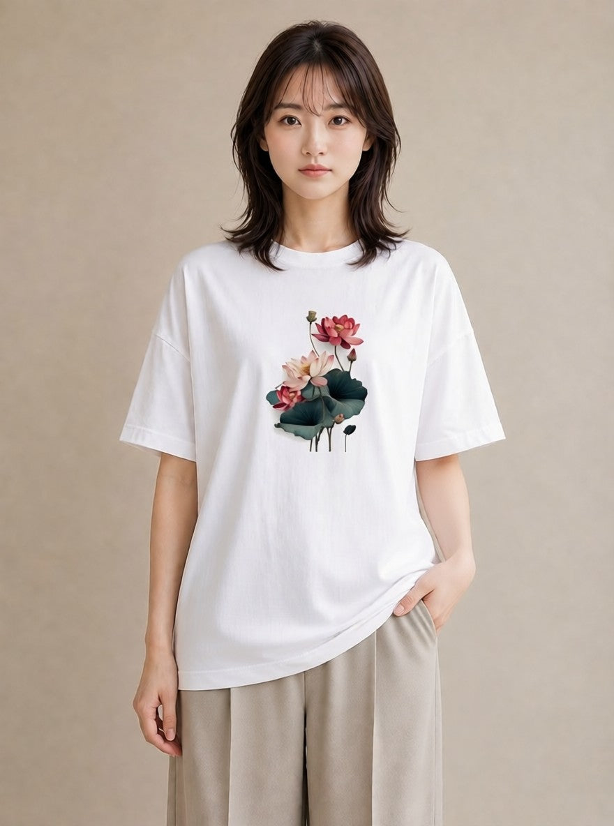 デザインTシャツ レディース 蓮 花 花柄 イラスト ゆるコーデ 20代 カジュアルコーデ 白T YMAZO