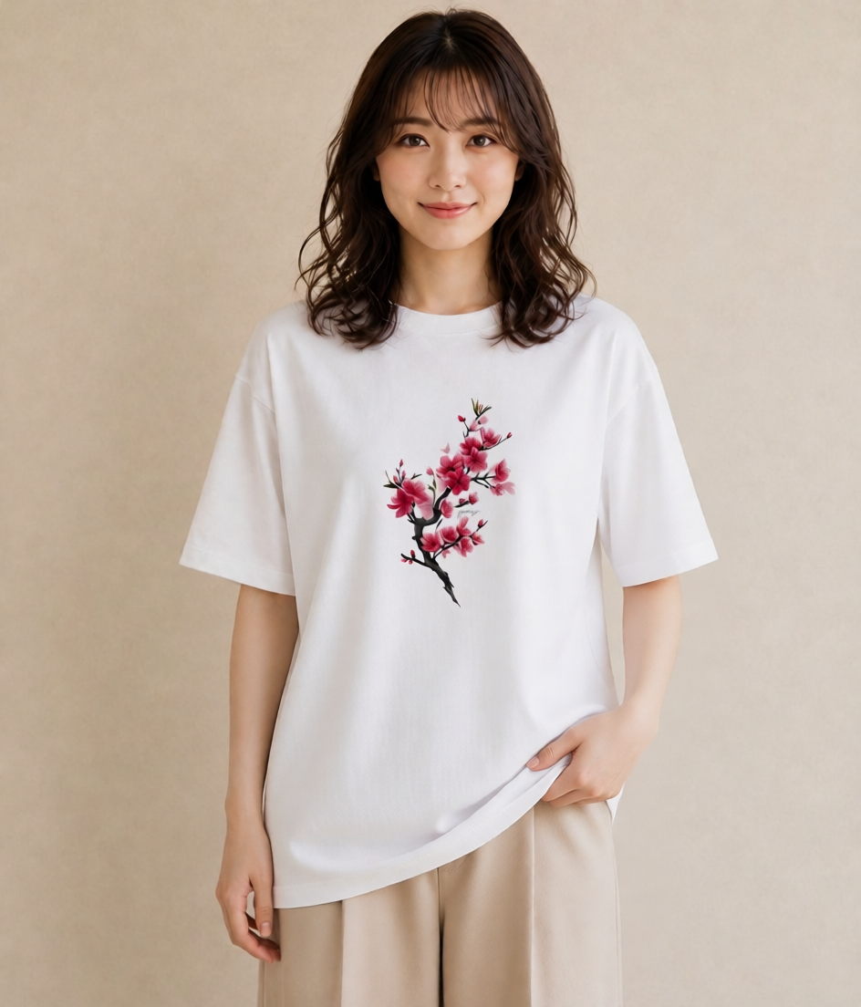 半袖Tシャツ レディース 梅 花 花柄 イラスト 週末コーデ 敬老の日 白T YMAZO