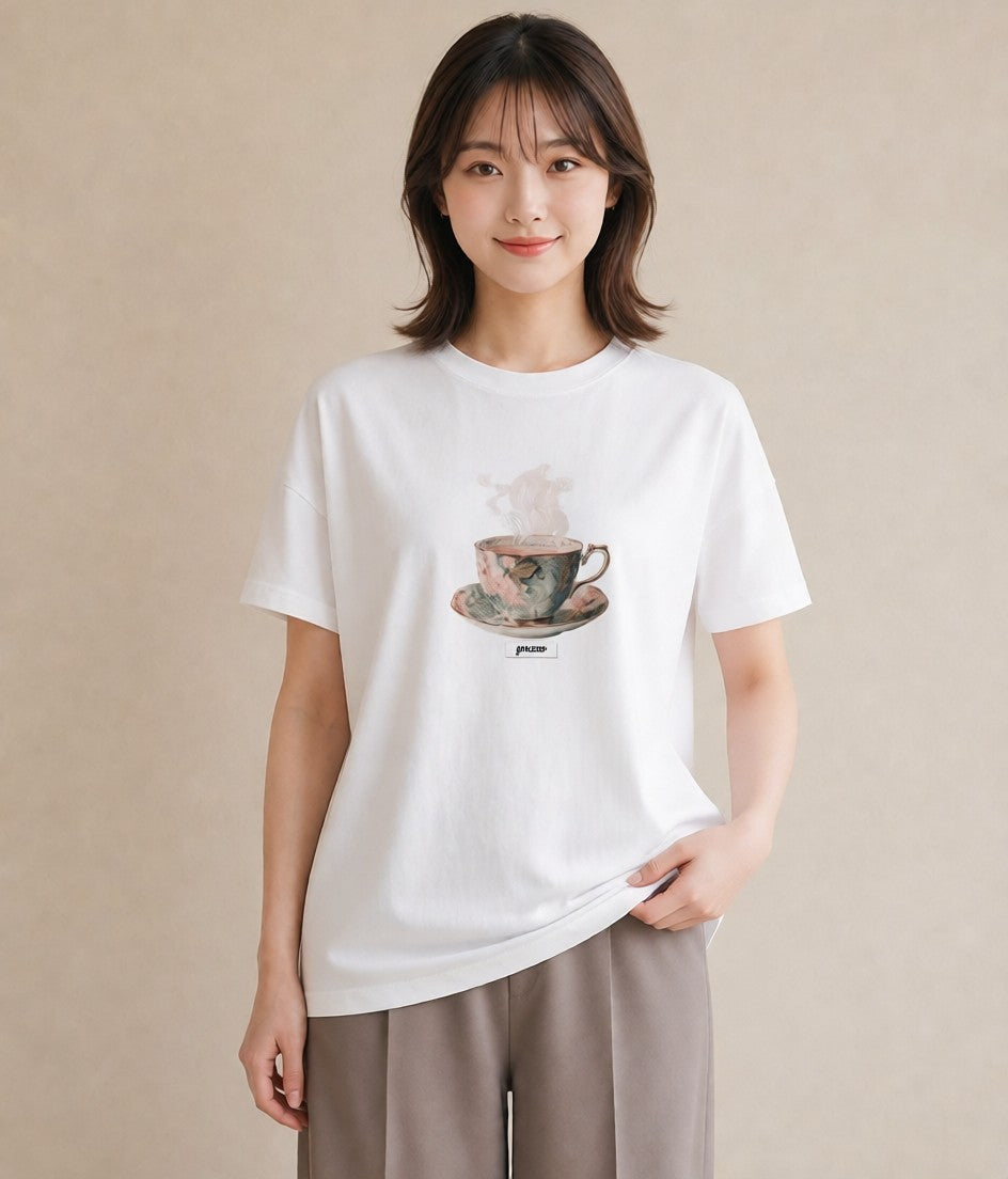 プリントTシャツ レディース ハーブティー 食べ物 フード イラスト レトロ 帰省 ラフ 白T YMAZO