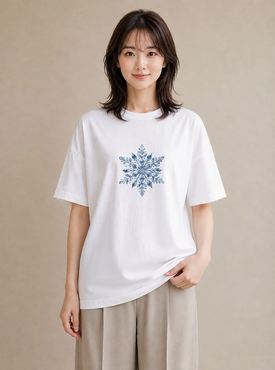 プリントTシャツ レディース 雪 星空 宇宙 イラスト 上品 お出かけ 普段着 白T YMAZO