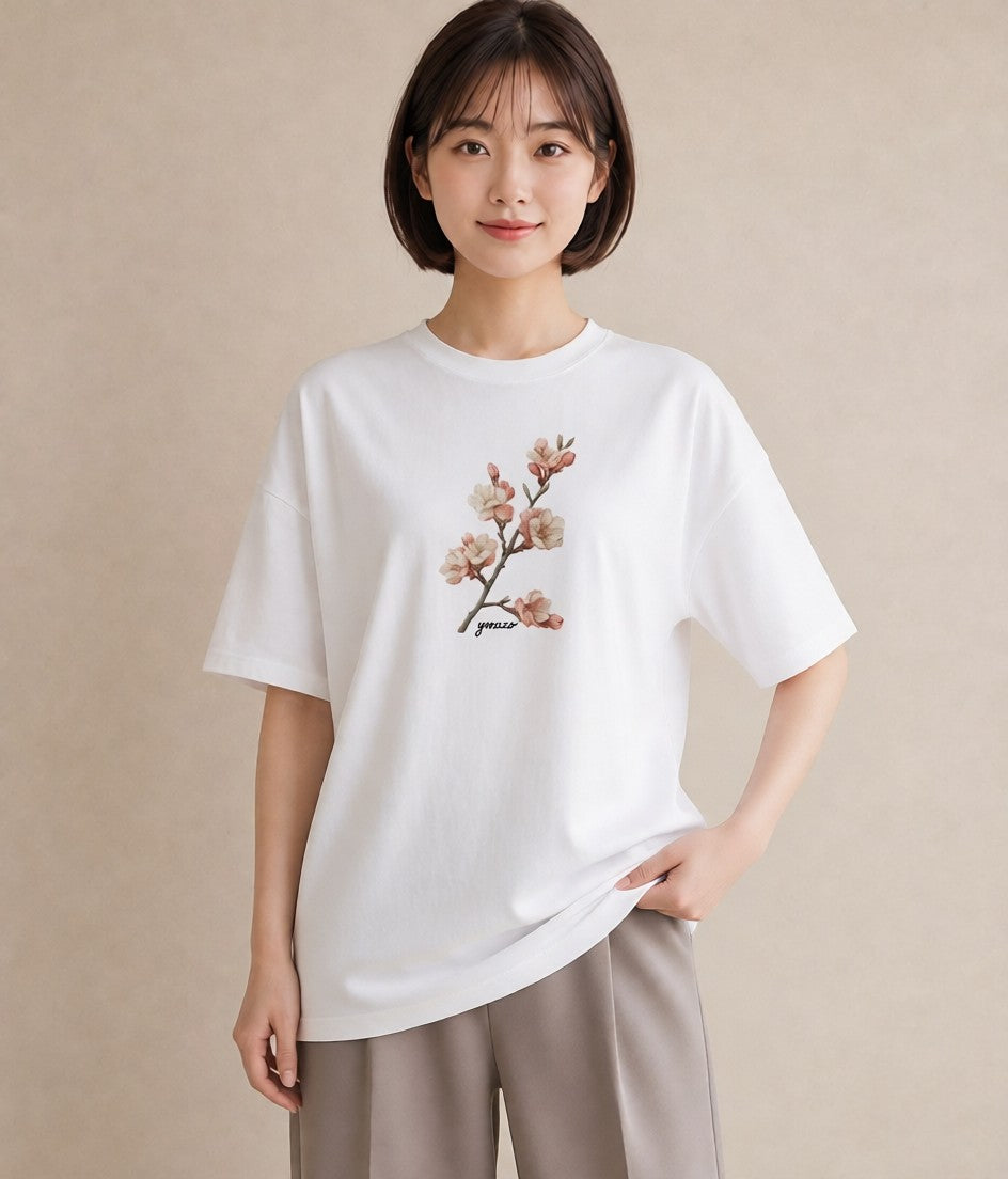 プリントTシャツ レディース 梅 花 花柄 イラスト 上品 綿100 デート 白T YMAZO
