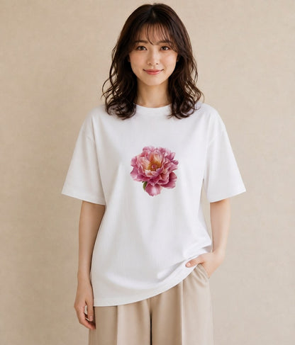 半袖Tシャツ レディース 牡丹 花 花柄 イラスト ゆるコーデ 敬老の日 ホワイトデー 白T YMAZO