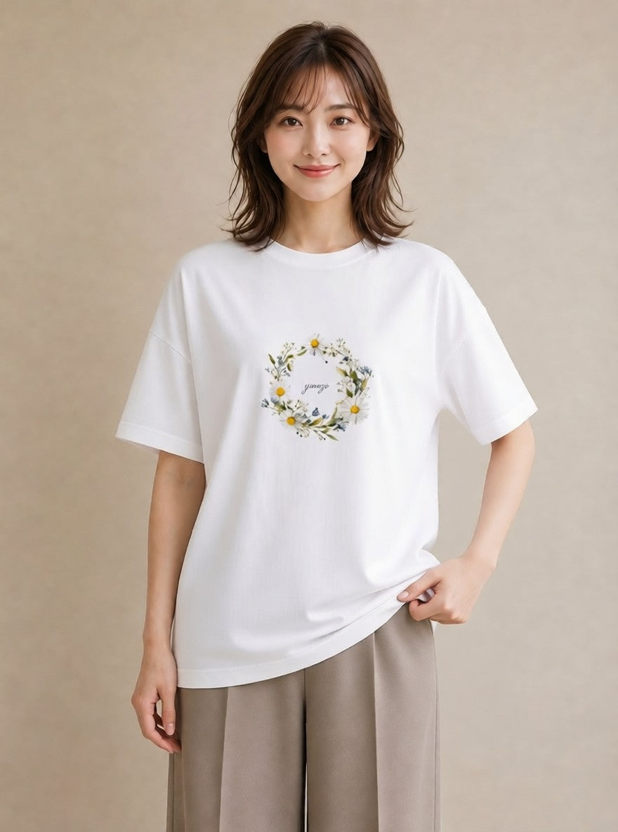 Tシャツ レディース デイジー 花 花柄 イラスト シンプル 春服 ミセス 白T YMAZO