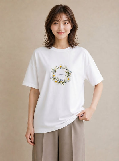 Tシャツ レディース デイジー 花 花柄 イラスト シンプル 春服 ミセス 白T YMAZO
