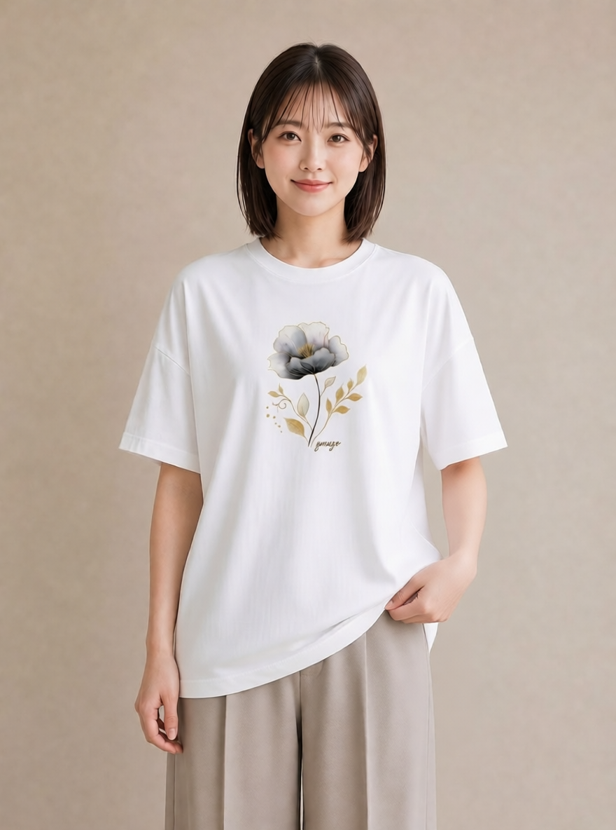 プリントTシャツ レディース 蓮 花 花柄 イラスト シック ラフ レイヤード 白T YMAZO