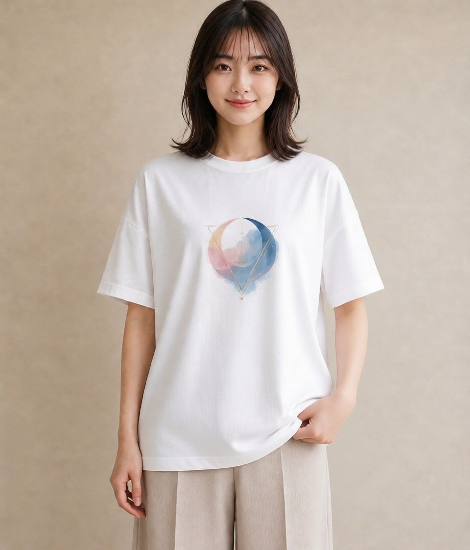プリントTシャツ レディース 三日月 星空 宇宙 イラスト きれいめ 散歩 お出かけ 白T YMAZO
