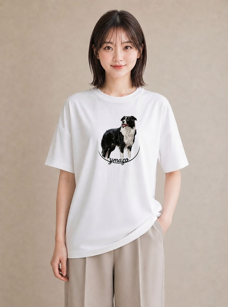 半袖Tシャツ レディース ボーダーコリー 犬 いぬ イラスト ナチュラル 休日 ペアコーデ 白T YMAZO