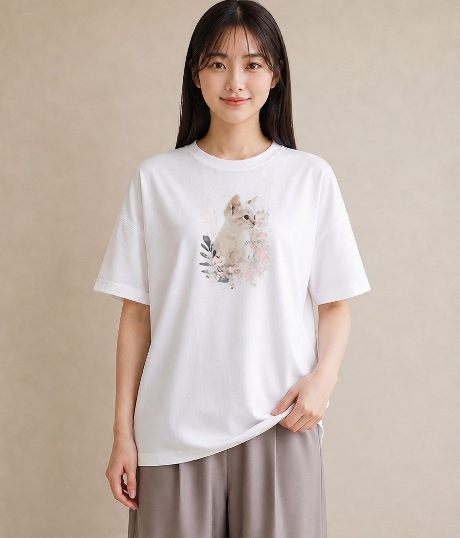 グラフィックTシャツ レディース 子猫 猫 ねこ イラスト レトロ 綿100 デート 白T YMAZO