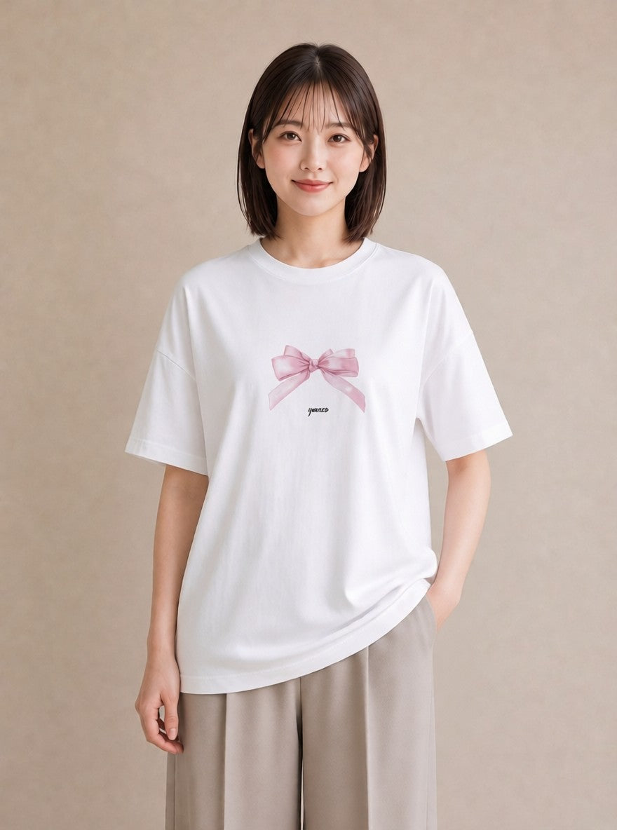 プリントTシャツ レディース リボン 蝶結び ナチュラル アンティーク イラスト 可愛い 在宅 公園 白T YMAZO