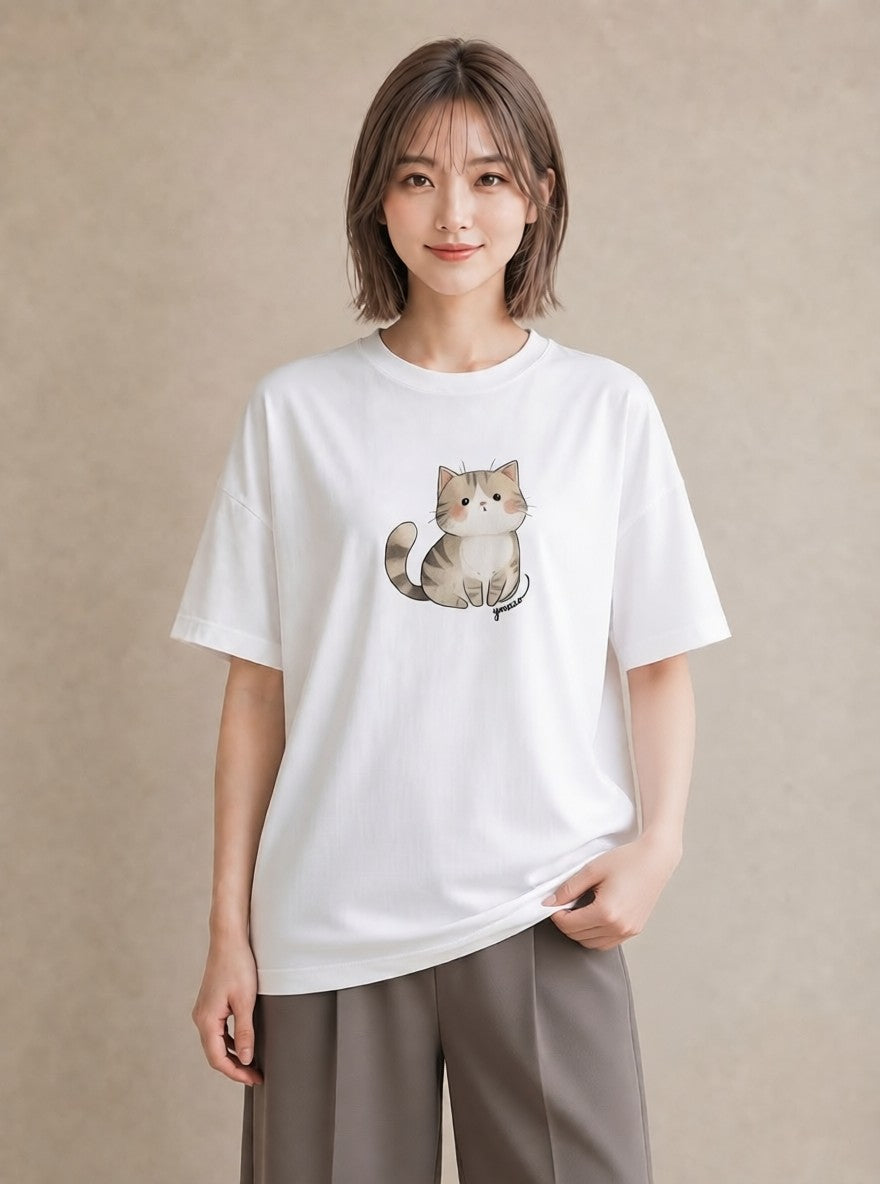 プリントTシャツ レディース エキゾチックショートヘア 猫 ねこ イラスト フェミニン 在宅 公園 白T YMAZO