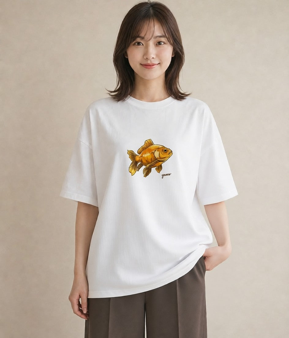 半袖Tシャツ レディース らんちゅう ペット 動物 イラスト ニュアンス 海 カフェ巡り 白T YMAZO