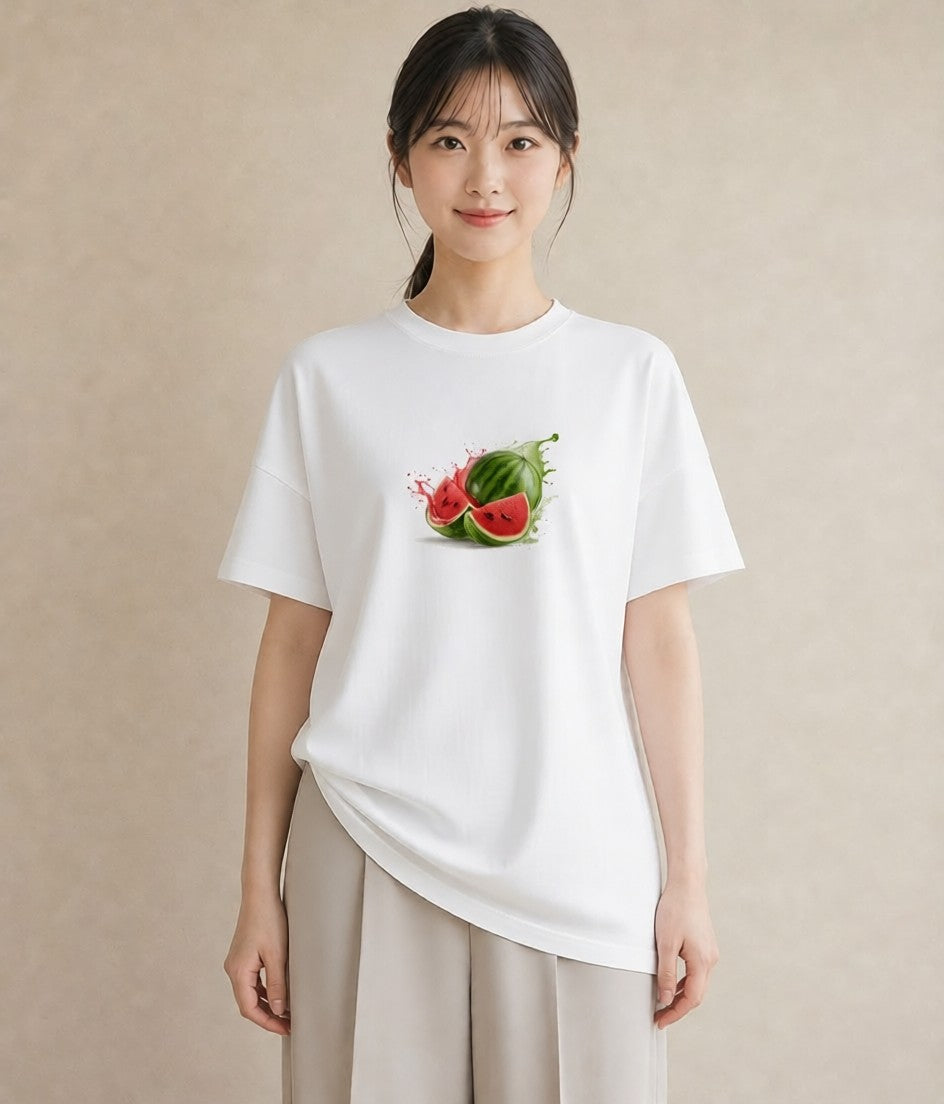 プリントTシャツ レディース すいか 食べ物 フード イラスト 韓国風 母娘コーデ 自分用 白T YMAZO