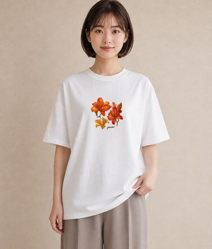 デザインTシャツ レディース ゆり 百合 花 花柄 イラスト 個性的 海 カフェ巡り 白T YMAZO